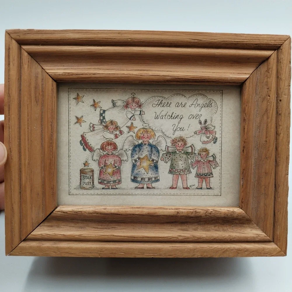 Vintage Oak Wood Angel Trinket Box Mimi Watching Over You Framed Lid Memory Gift